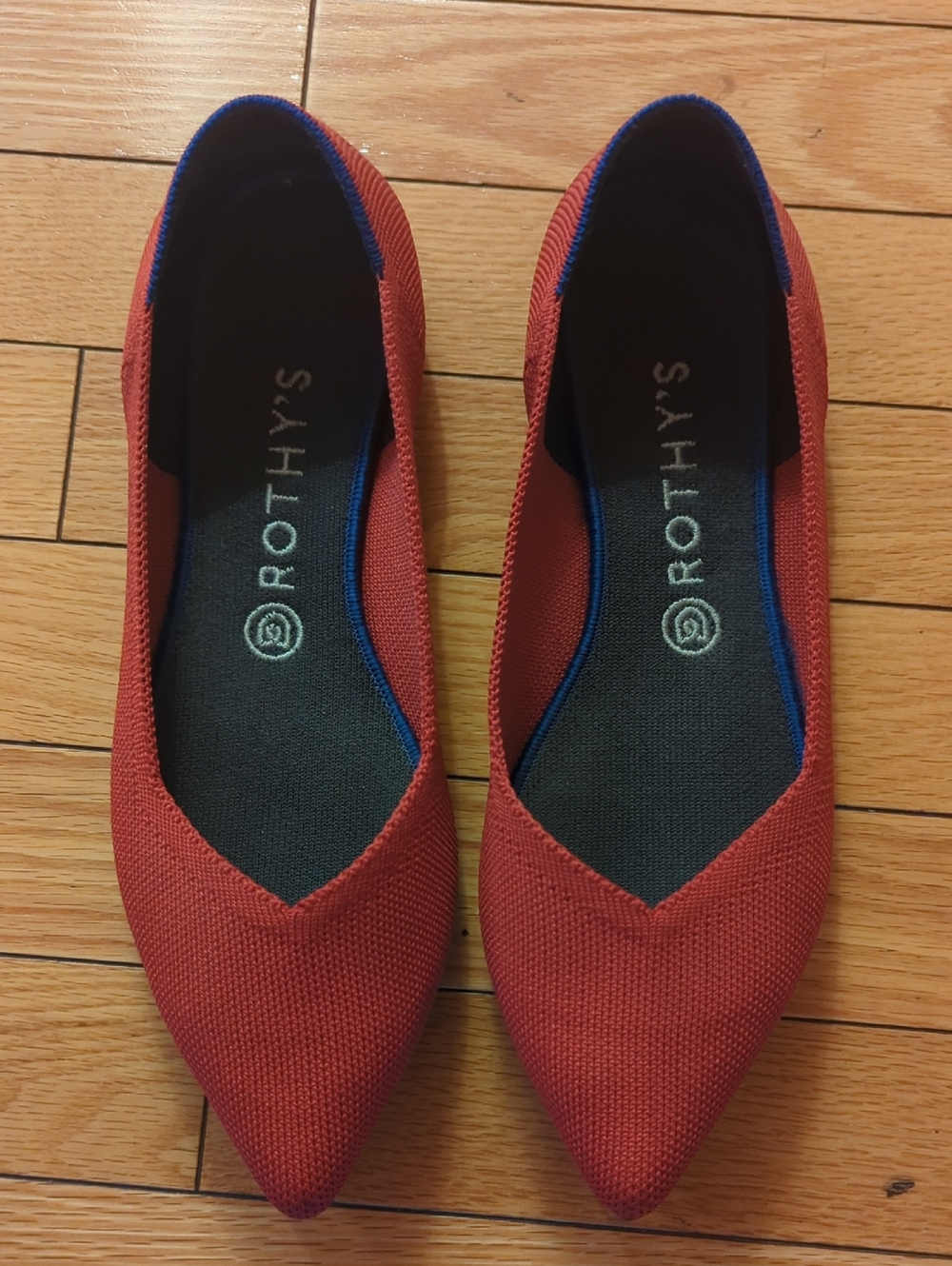 Rothy's Women's Pointed Knit Flats in Red with Blue Trim